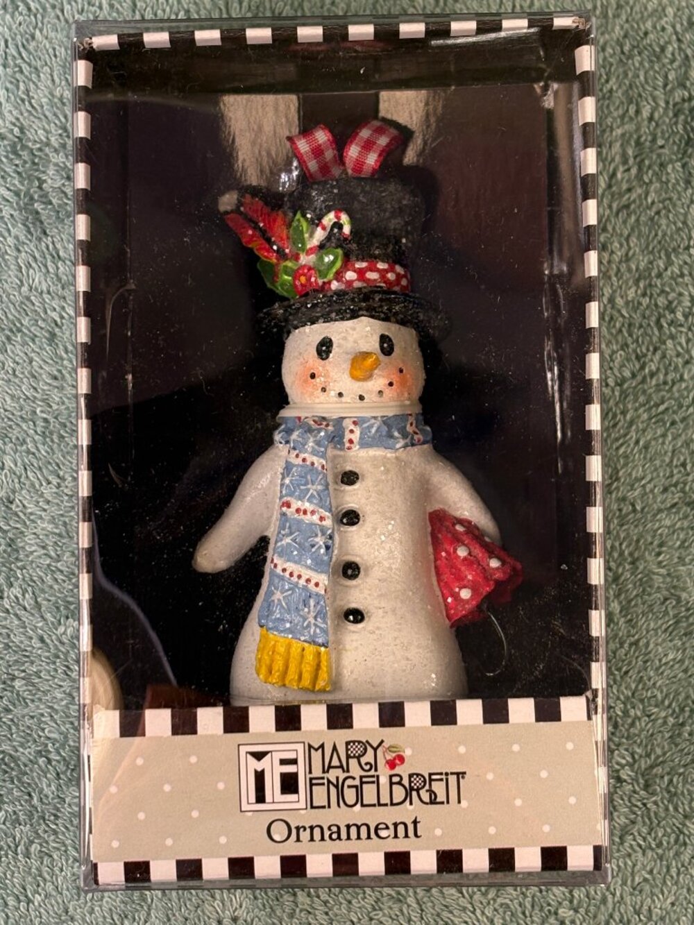 Vintage Mary Engelbreit Snowman Ornament Blue Scarf w/ Original Box